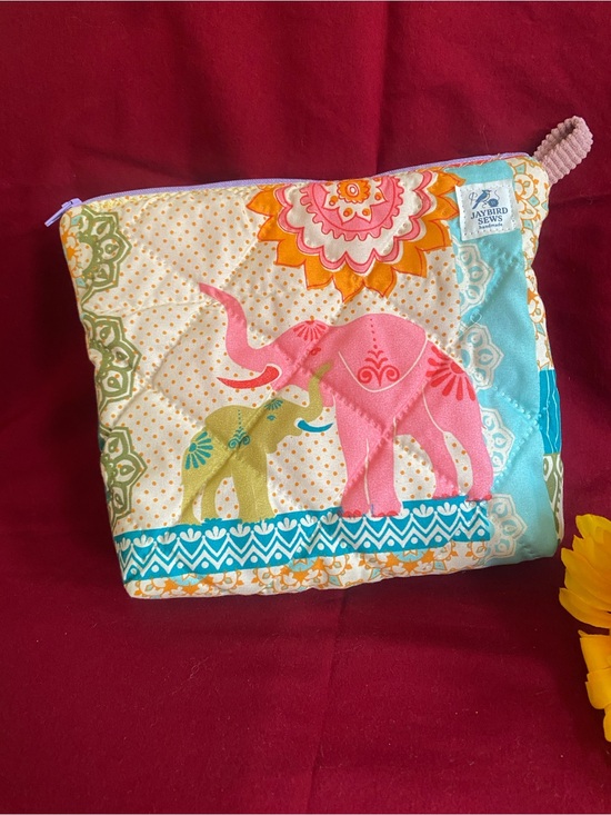 Handbags - Quilted Elephant Print Cosmetic Pouch - Pink & Teal